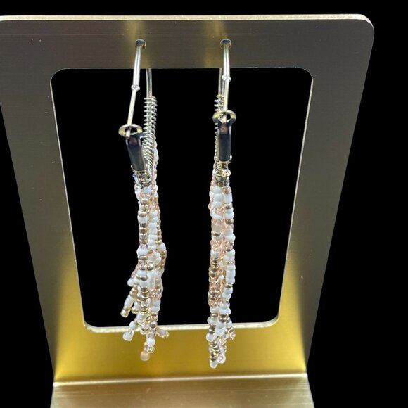 NYC Beaded Fringe Hoop Earrings Bronze Gold Tone Boho Festival Dangle Jewelry - Picture 4 of 5